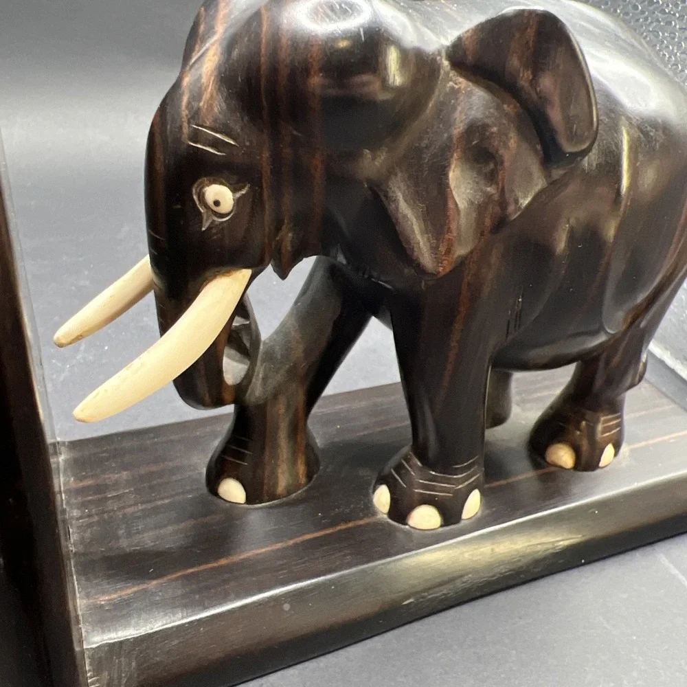 Vintage Hand Carved Nacassar Ebony Elephant Bookends Sliding Dovetail Pair Heavy